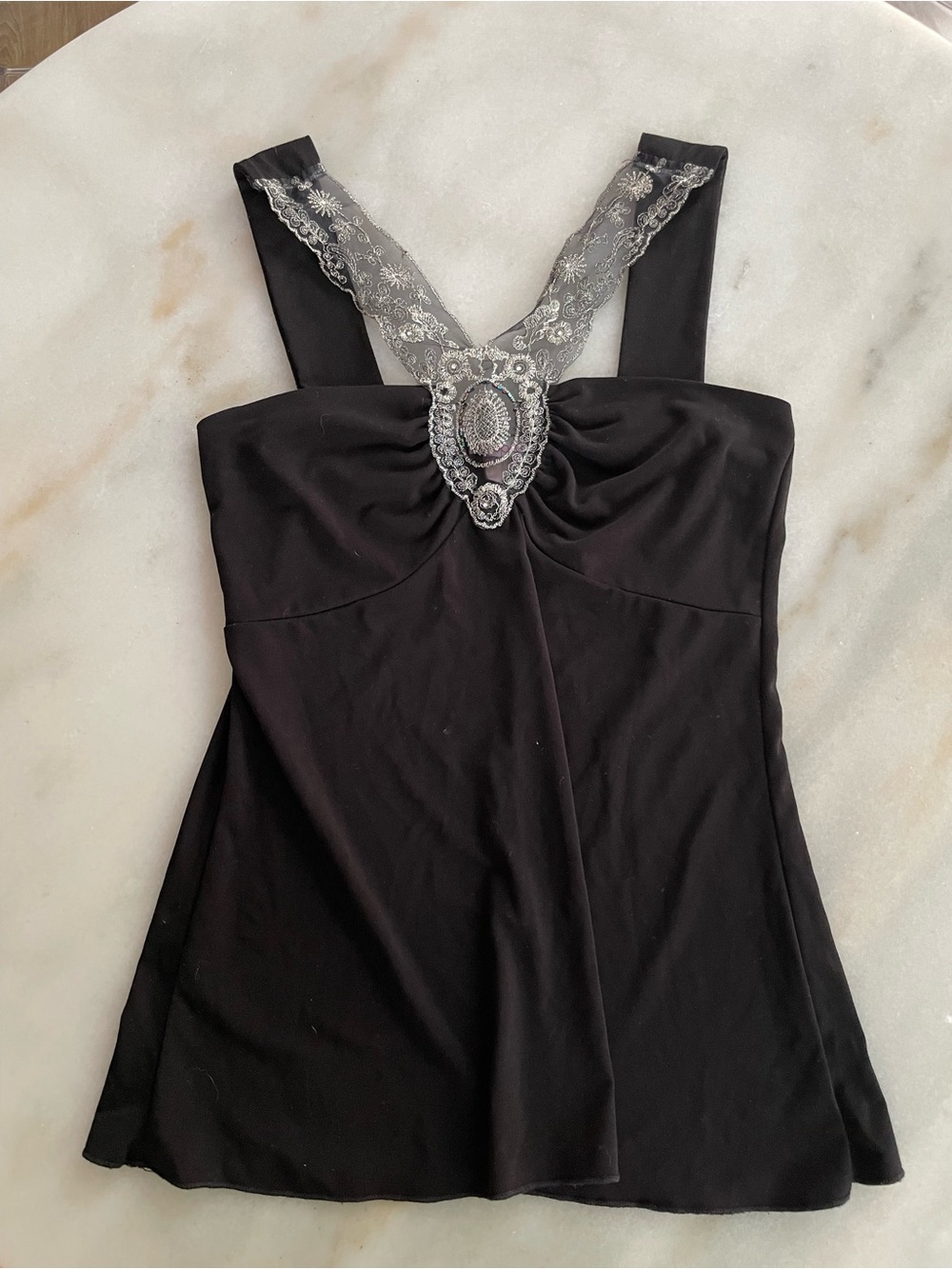 Topia Black Tank Top with Silver Lace Trim size M
